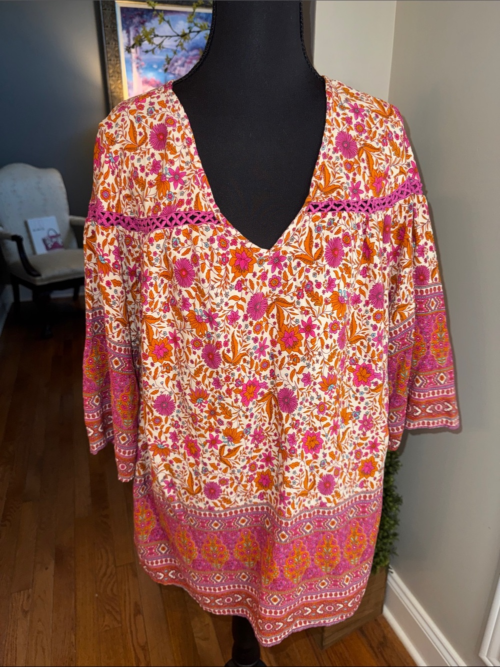 Rusttydustty - Boho Floral V-Neck Tunic in Pink & Orange EUC